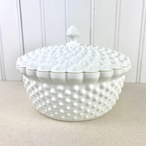 Hand Crafted Other - White Hobnail Lidded Bowl, Decorative Bowl with Scalloped Edge, Vintage Inspired